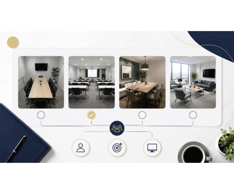 人数・目的・設備に合わせて複数の会議室・レンタルスペースを比較して選ぶイメージ
