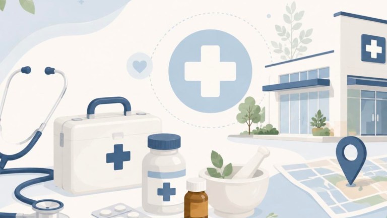 病院・クリニック・薬局を表すイラスト（医療クロス・聴診器・薬）