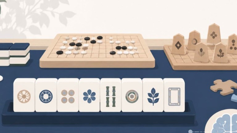 健康麻雀・脳トレを表すイラスト(麻雀牌・囲碁将棋・パズル・脳)