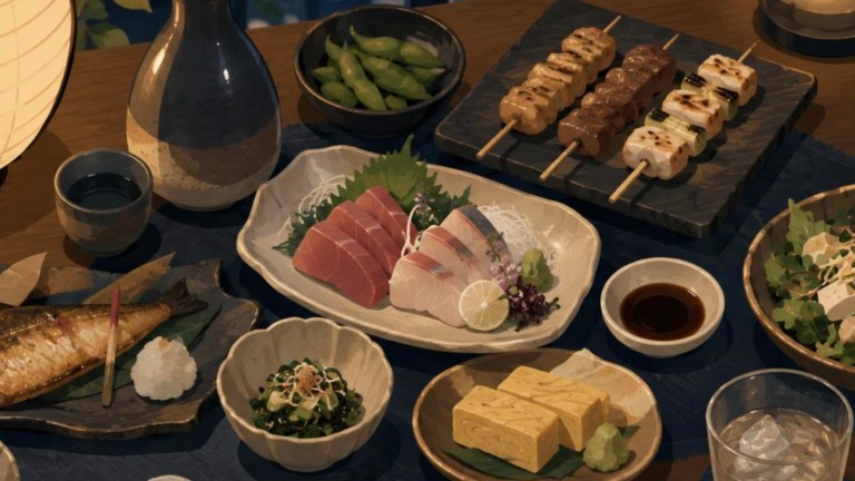 新大阪の夜の食卓イラスト(居酒屋料理・お酒)
