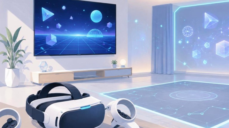 VR・メタバース体験会を表すイラスト(VRゴーグル・仮想空間モニター)