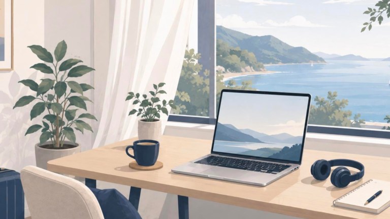 ワーケーションを表すイラスト(窓辺のデスクとノートPC・海の景色)