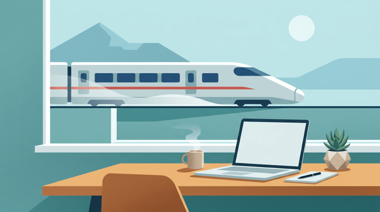 Workspace with laptop, coffee cup, notebook, and pen near a window showing a passing high-speed train