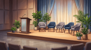 Podium and five chairs arranged on a stage with plants and curtains in the background