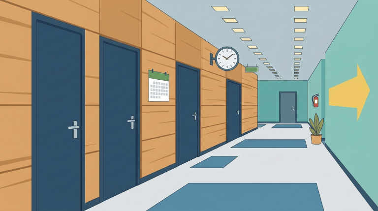Office hallway with blue doors numbered 101 to 103, wall clock, calendar, exit sign, fire extinguisher, and potted plant