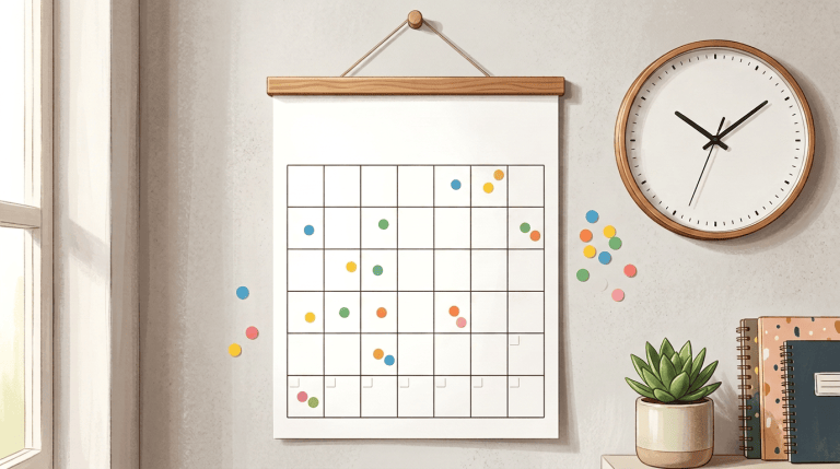 Monthly calendar with colorful dot stickers marking specific days and a clock showing 10:10